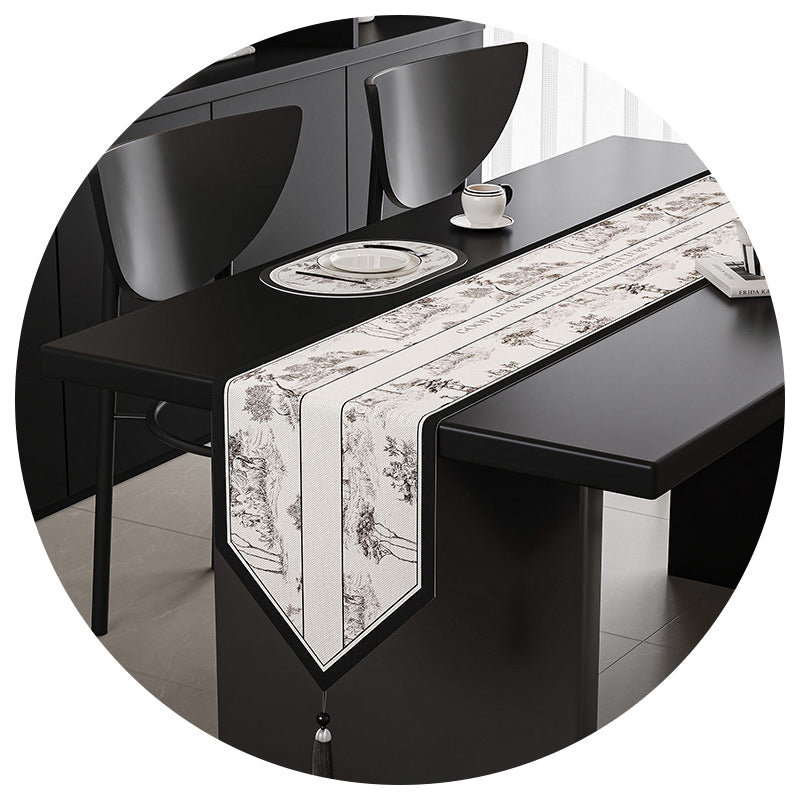 Black White Elegant Green Botanical Table Runner With Tassels 30X180cm Table Runners