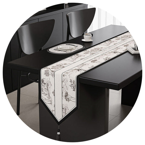 Black White Elegant Green Botanical Table Runner With Tassels 30X180cm Table Runners