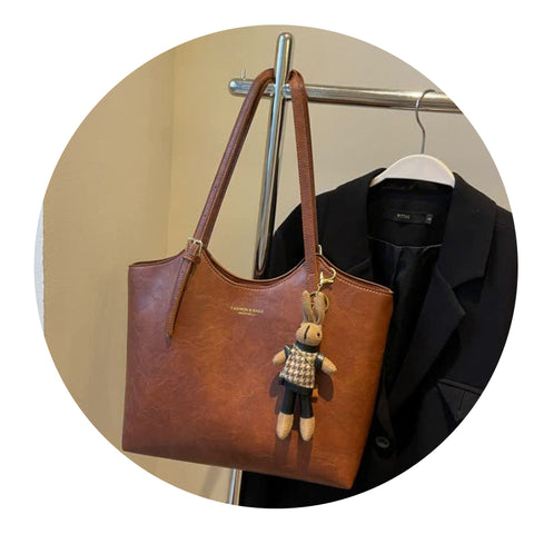 Elosung Brown Elegant Pu Leather Tote Bag With Bear Keychain Large Capacity Women's Bags & Handbags