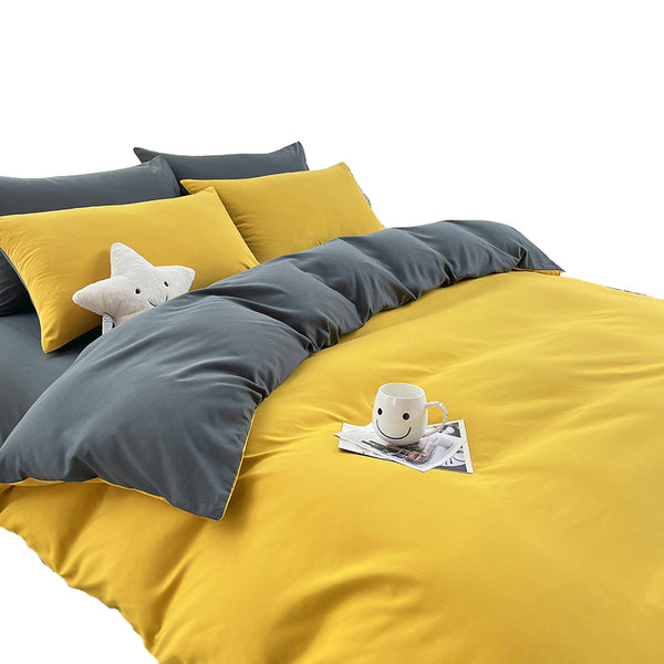 Yellow And Grey 4 Piece Cotton Bedding Set Fits 1.5M/1.8M Beds (Duvet Cover 200X230cm Sheet 230X250cm) Sheets