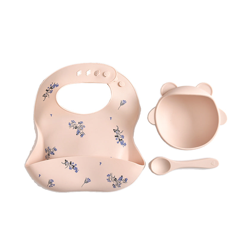 Lilac Pattern Beige Soft And Safe Silicone Little One Feeding Set Bib Bowl Spoon Combo For Mess Free Meals Baby Bibs & Burp Cloths