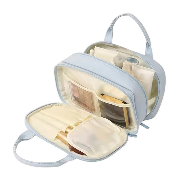 Blue Premium Pu Leather Portable Makeup Bag Large Capacity Waterproof Travel Cosmetic Organiser Makeup Bags & Cases