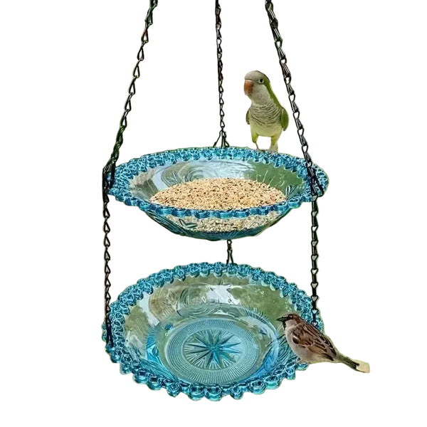 2 Set Blue Elegant Hanging Glass Bird Feeder Double Tier For Garden Birds Bird Feeders