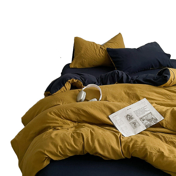 Elosung Yellow Black 1.5M Bed Fitted Sheet With 200X230cm Duvet Cover 4 Piece Bedding Sheets