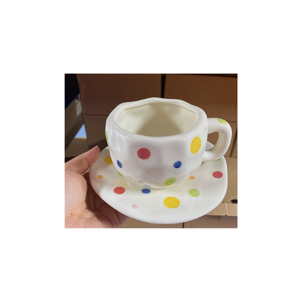 Colorful Polka Dots 300Ml Underglaze Hand Pinched Cup And Saucer Set Ceramic Coffee Mug Milk Breakfast Cups & Saucers