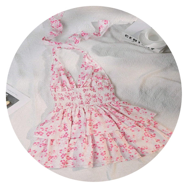 Pink Chic Floral Halter Mini Dress Ruffled Hem Open Back Summer Vacation Dresses