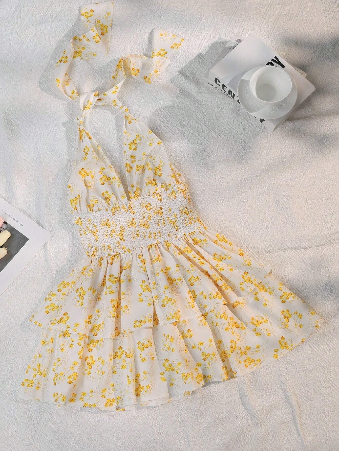 Yellow Chic Floral Halter Mini Dress Ruffled Hem Open Back Perfect For Vacation Dresses
