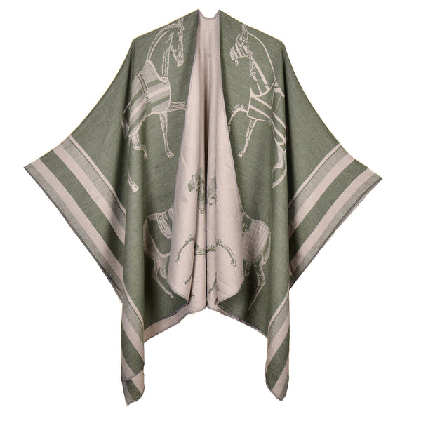 War Horse Green Elegant Autumn Winter Shawl Artistic Split Design Knit Cloak With Oil Painting Style Scarves & Wraps