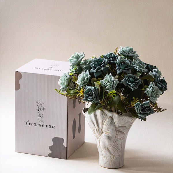 Elosung Elegant White Ceramic Vase Decorative Home Accessories With Floral Details Vases