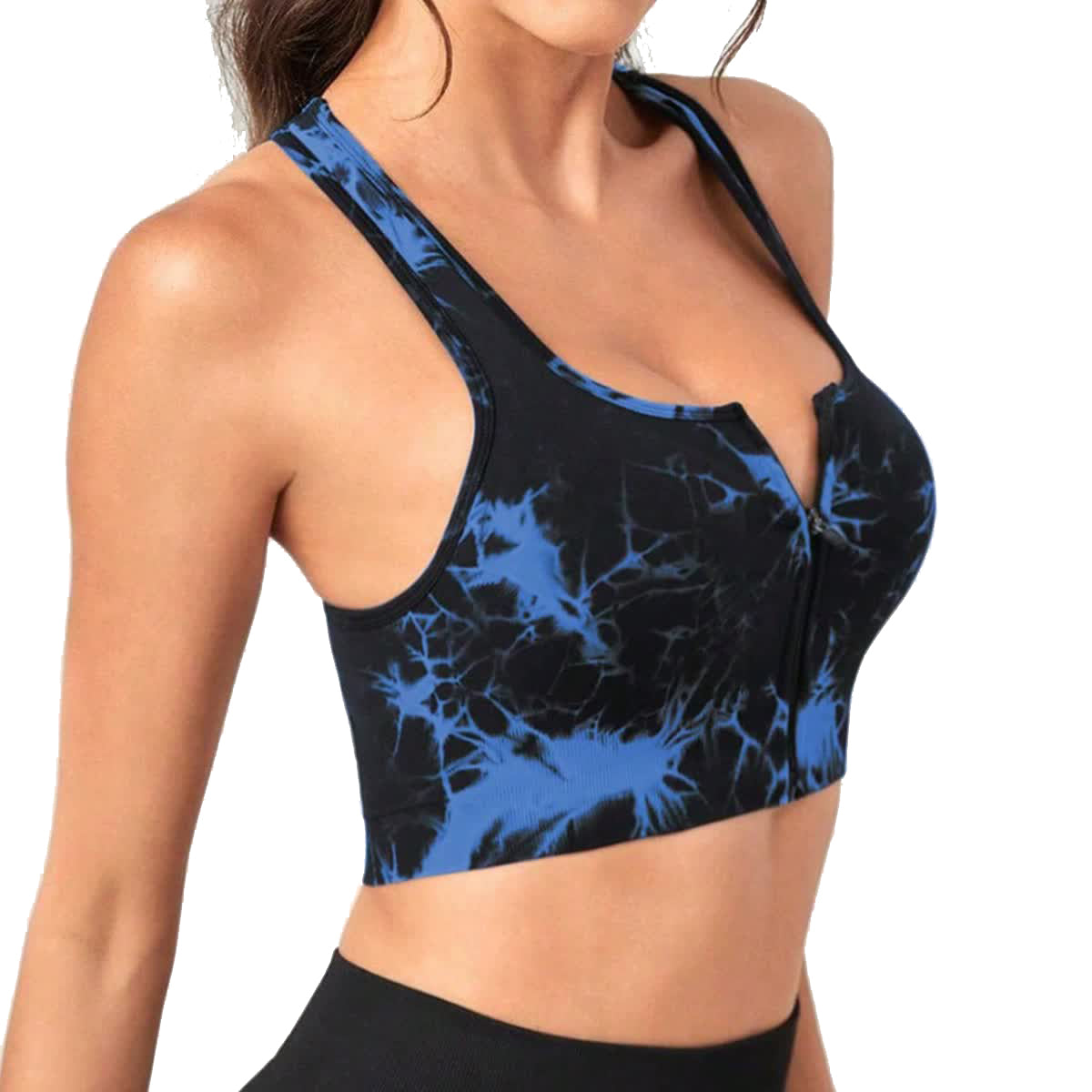 Women's Blue Tie Dye Zip Up Sports Bra Shockproof Push Up Size S Sports Bras