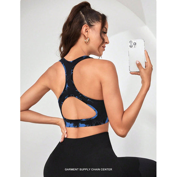 Women's Blue Tie Dye Zip Up Sports Bra Shockproof Push Up Size S Sports Bras