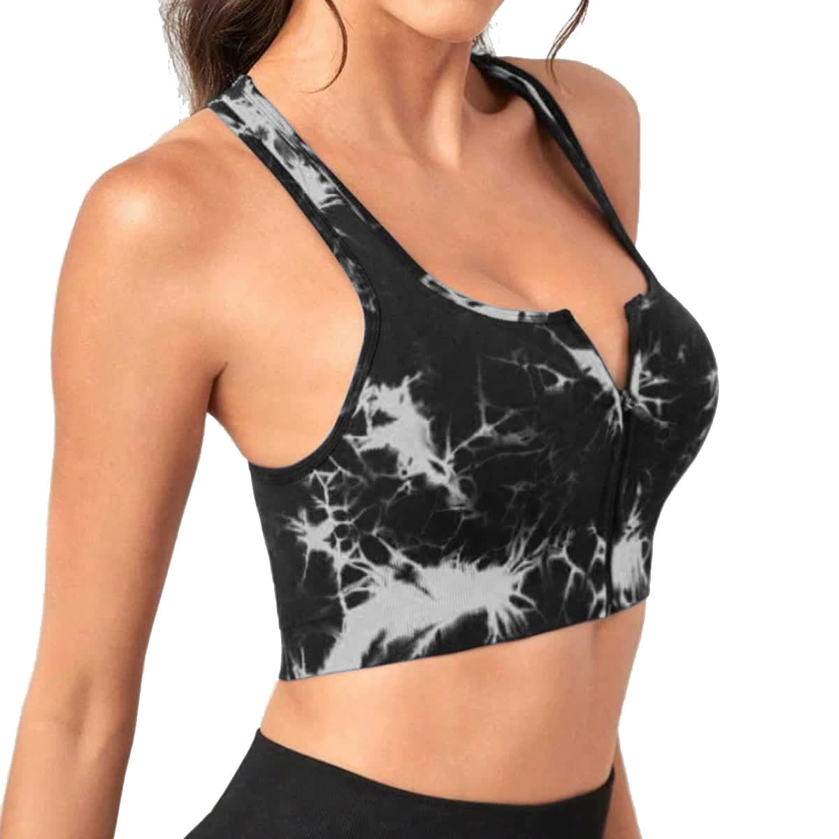 Women's Black Tie Dye Zip Up Sports Bra Shockproof Push Up Size S Sports Bras