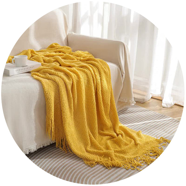 Yellow Premium Woven Knitted Throw Blanket With Tassels Soft Cozy Sofa & Bed Perfect For Office Or Afternoon Naps 127X172cm Throws & Afghans