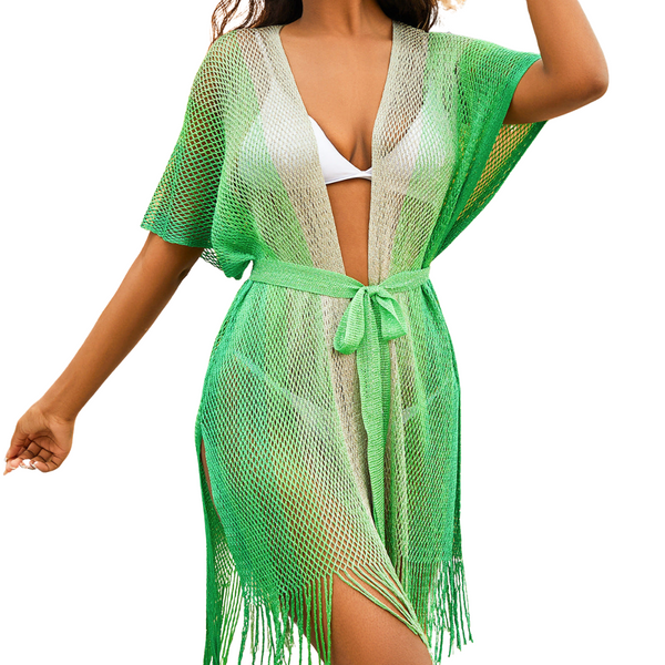 2 Pcs Green Crochet Tassel Beach Cover Up Knit Sarong For Swimwear