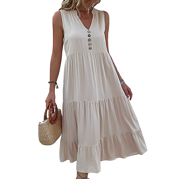 Apricot Flowy Sleeveless Midi Dress Solid Sundress With Decorative Buttons Size Xl Dresses