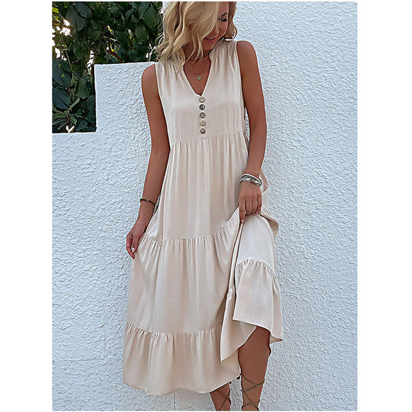 Apricot Flowy Sleeveless Midi Dress Solid Sundress With Decorative Buttons Size Xl Dresses