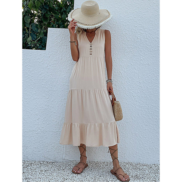 Apricot Flowy Sleeveless Midi Dress Solid Sundress With Decorative Buttons Size Dresses