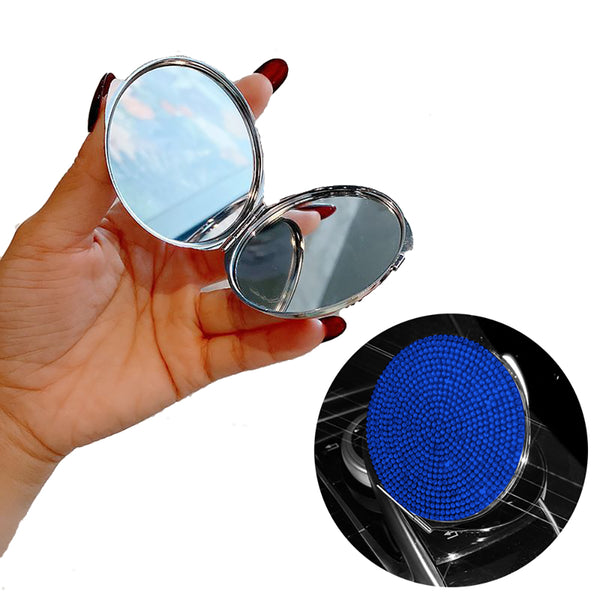 2 Pcs Blue Sparkling Rhinestone Compact Mirror Portable Folding Makeup With Full Diamond Design Makeup Mirrors