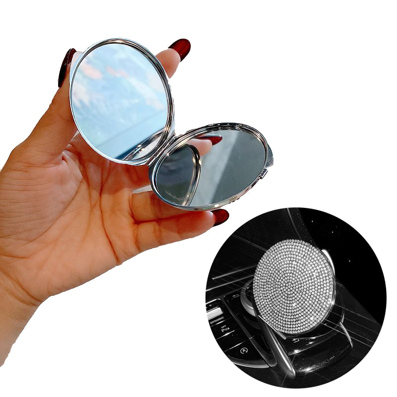 Elosung 2 Pcs White Rhinestone Compact Mirror Folding Makeup Diamond Design Makeup Mirrors