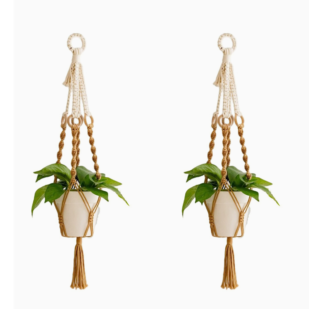 Elosung 2 Pcs Handwoven Plant Hanger Cotton Rope Hanging Planter With Wooden Rings Planters & Vases
