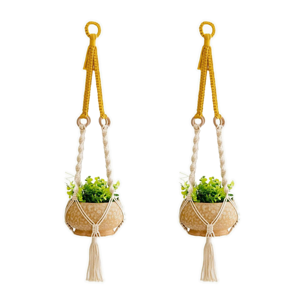 Elosung 2 Pcs Handwoven Plant Hanger Cotton Rope Hanging Planter With Wooden Rings Planters & Vases