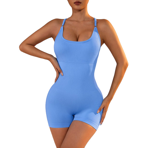 Size L Light Blue Nylon Seamless Yoga Bodysuit Womens Athletic Romper Crisscross Back Workout Jumpsuit Tracksuits & Sets
