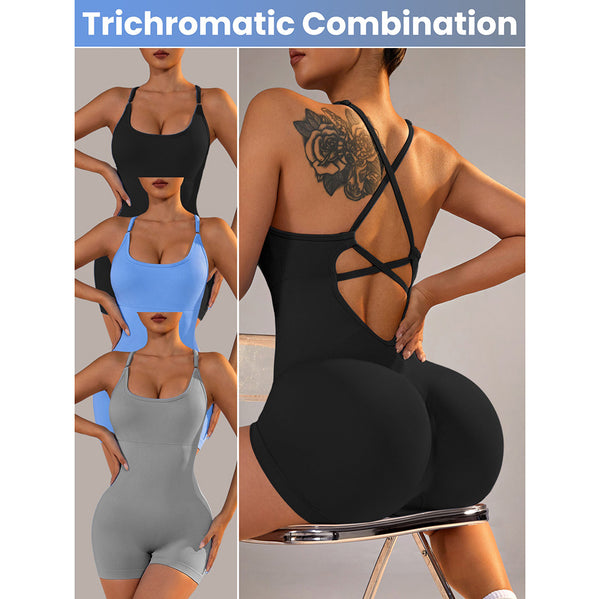 Size Xs Light Blue Nylon Seamless Yoga Bodysuit Womens Athletic Romper Crisscross Back Workout Jumpsuit Tracksuits & Sets