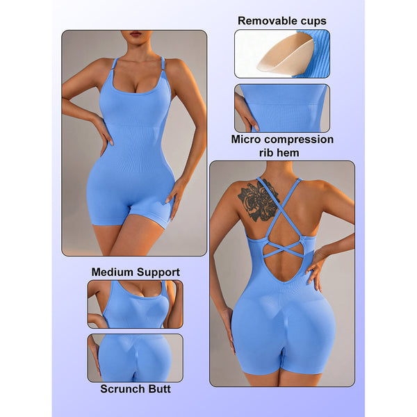 Size Xs Light Blue Nylon Seamless Yoga Bodysuit Womens Athletic Romper Crisscross Back Workout Jumpsuit Tracksuits & Sets