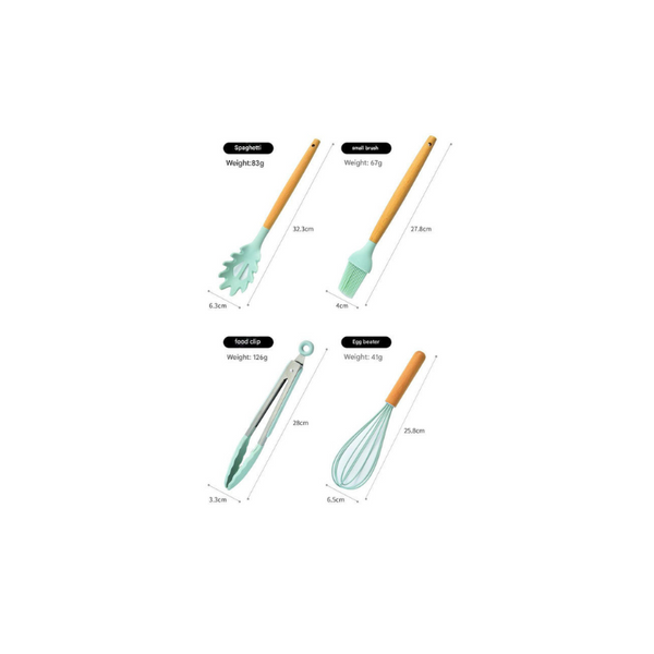 Green 12 Piece Silicone Kitchen Utensil Set With Beechwood Handles Holder Cooking Utensils