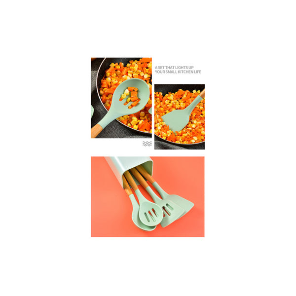 Light Green 12 Piece Silicone Kitchen Utensil Set With Beechwood Handles Holder Cooking Utensils