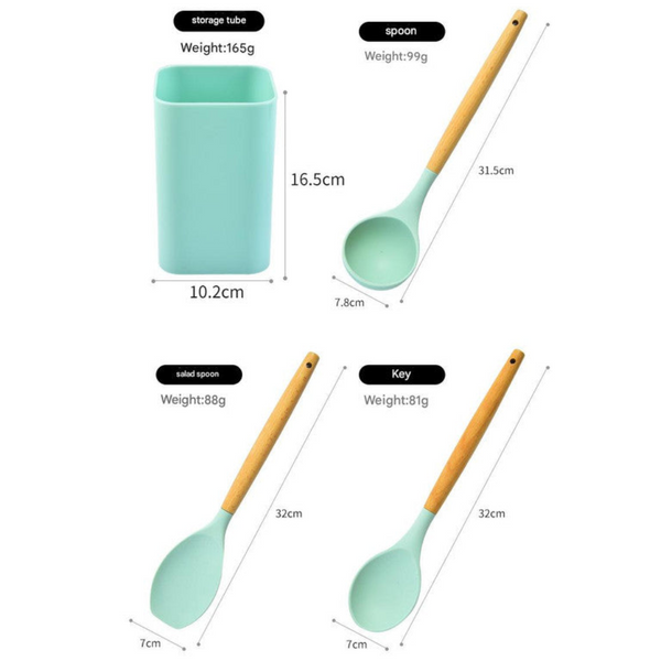 Black 12 Piece Silicone Kitchen Utensil Set With Beechwood Handles & Holder Cooking Utensils