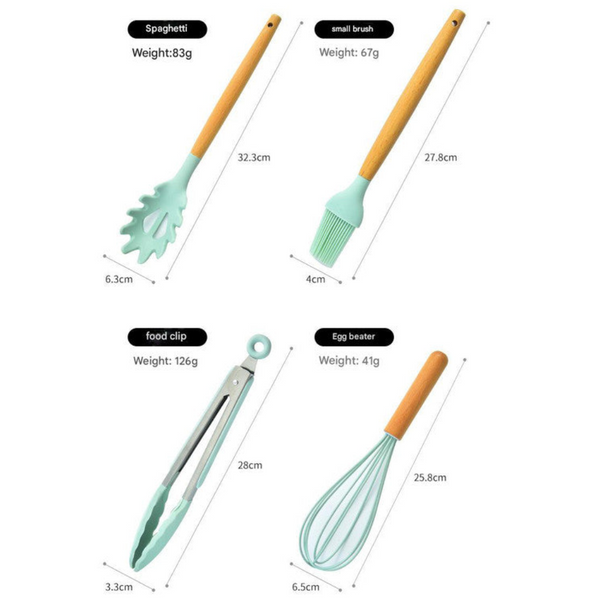 Black 12 Piece Silicone Kitchen Utensil Set With Beechwood Handles & Holder Cooking Utensils