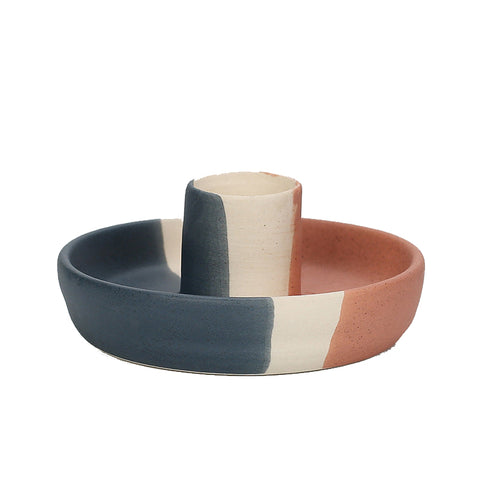 2 Pcs Blue White And Orange Stitching Straight Bottom Nordic Ceramic Candle Holder With Jewelry Dish Elegant Minimalist Home Decor Piece Candle Holder