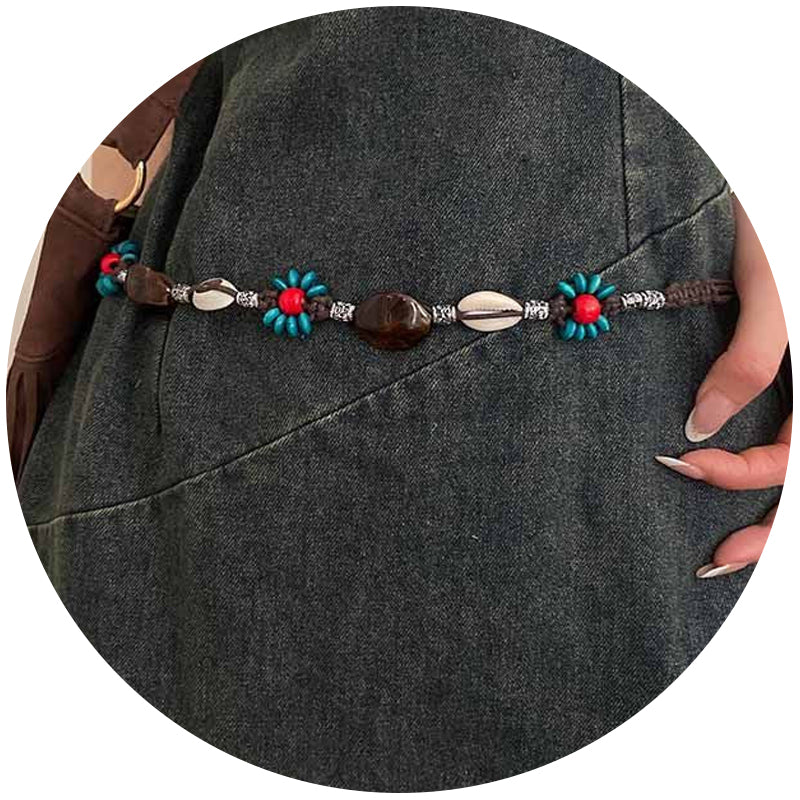 Elosung 2 Pcs Shell Red Beads Ethnic Style Waist Chain Beaded Bohemian Belt For Women Belts