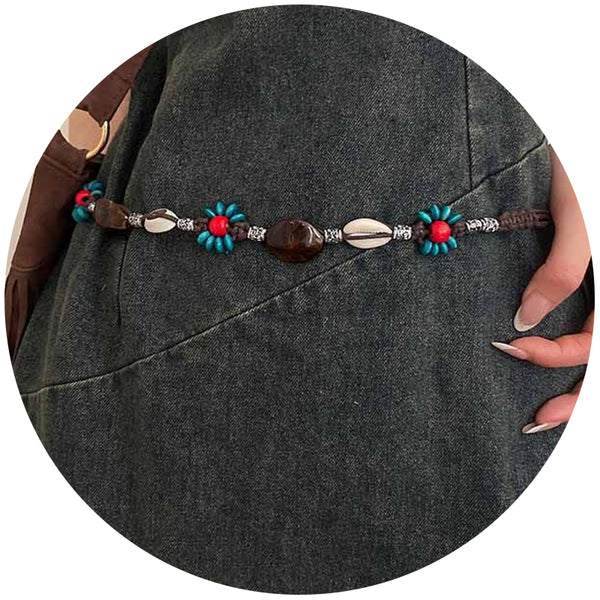 Elosung 2 Pcs Shell Red Beads Ethnic Style Waist Chain Beaded Bohemian Belt For Women Belts