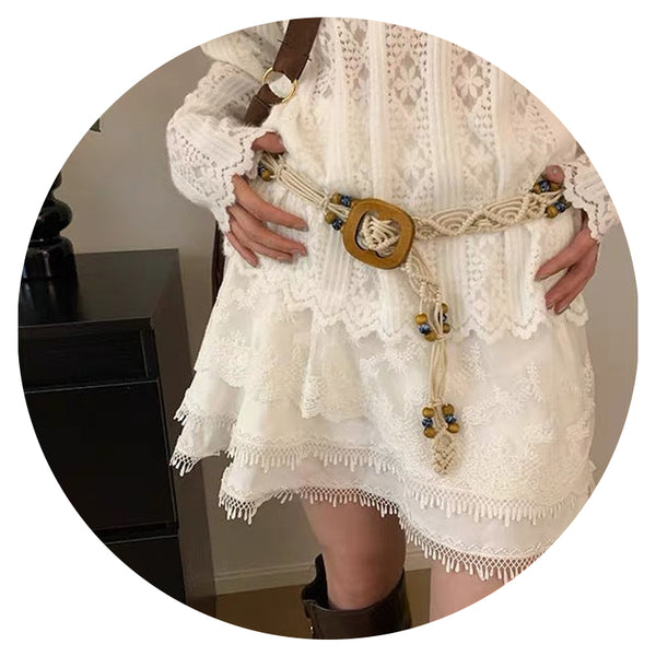 Elosung Beaded Bohemian Waist Chain Ethnic Braid Belt For Women 2Pcs Belts