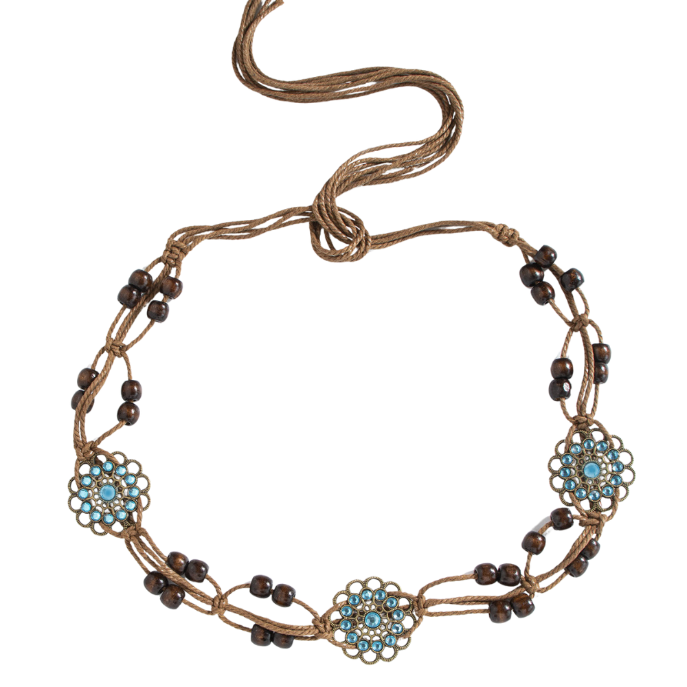 Elosung 2 Pcs Sapphire Wood Beads Ethnic Style Waist Chain Beaded Bohemian Belt For Women Belts