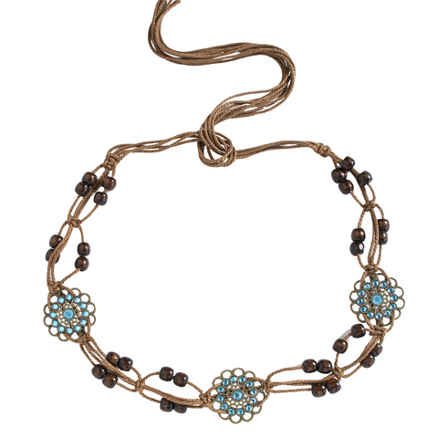 Elosung 2 Pcs Sapphire Wood Beads Ethnic Style Waist Chain Beaded Bohemian Belt For Women Belts