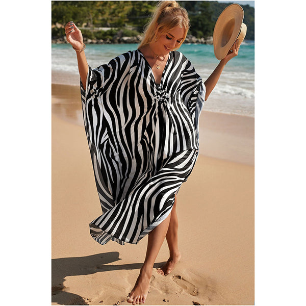 Zebra Print Loose Fit Caftan Dress Resort Style Beach Coverup For Women Swimwear