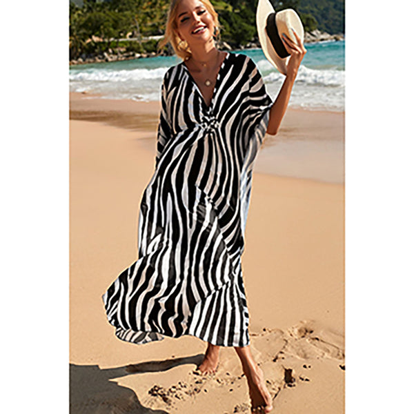 Zebra Print Loose Fit Caftan Dress Resort Style Beach Coverup For Women Swimwear