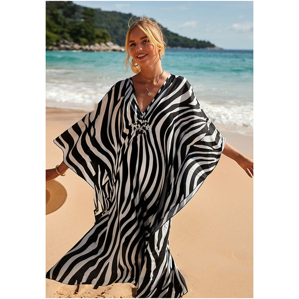 Zebra Print Loose Fit Caftan Dress Resort Style Beach Coverup For Women Swimwear