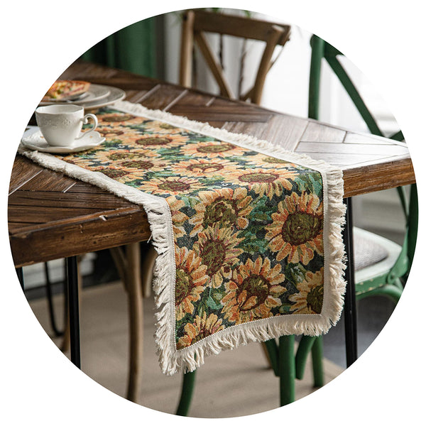 Elosung 2 Pcs Sunflower Table Runner With Fringe Jacquard Woven Cotton Blend For Dining Decor (30X140cm) Table Runners