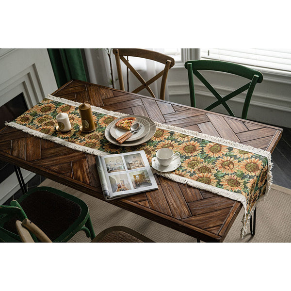 Elosung 2 Pcs Sunflower Table Runner With Fringe Jacquard Woven Cotton Blend For Dining Decor (30X140cm) Table Runners