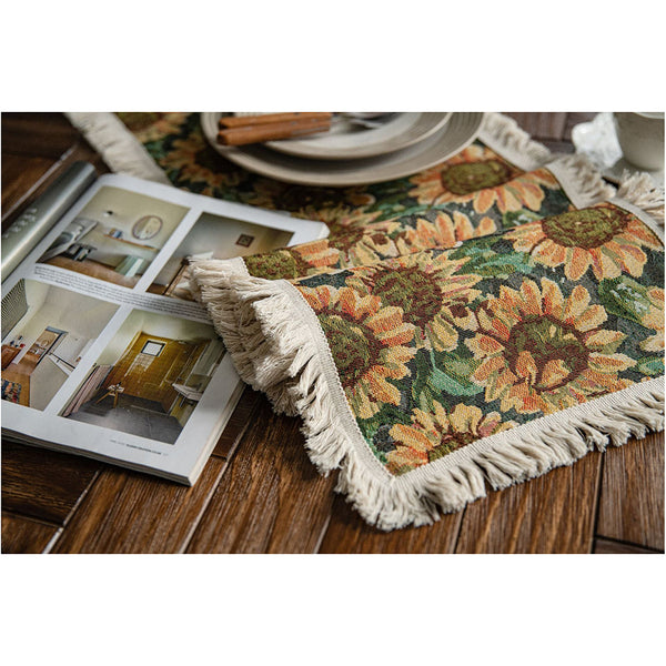 Elosung 2 Pcs Sunflower Table Runner With Fringe Jacquard Woven Cotton Blend For Dining Decor (30X140cm) Table Runners