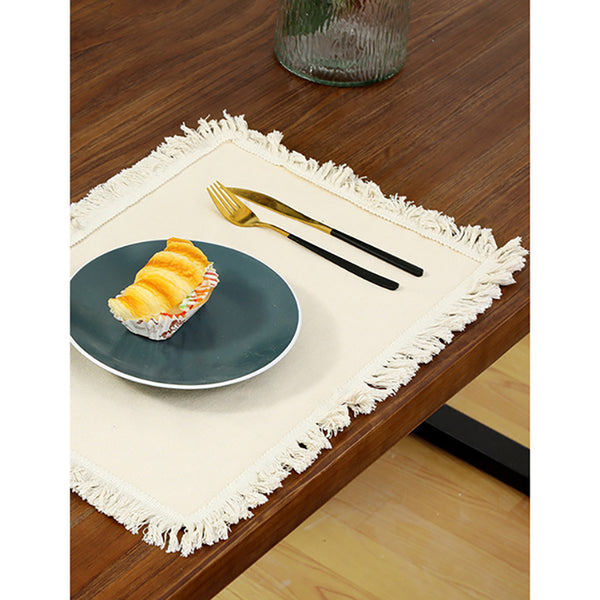 Elosung Cotton Linen Beige Set With Fringe For Dining Table Decor 30X30cm Placemats