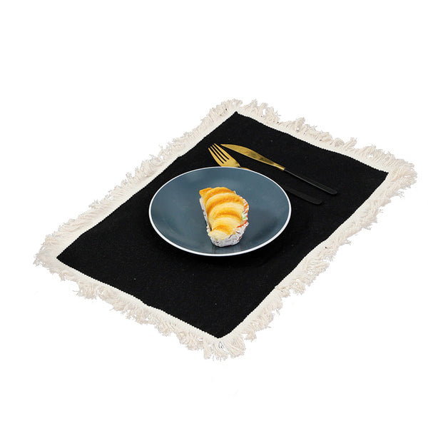Elosung Black Cotton Linen Fringe Set Dining Table Decor 4 Pack Placemats