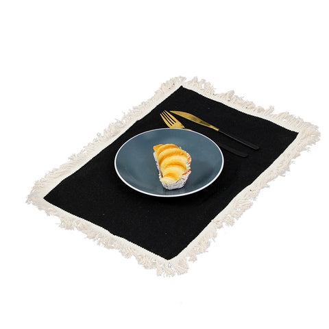 Elosung Black Cotton Linen Fringe Set Dining Table Decor 4 Pack Placemats