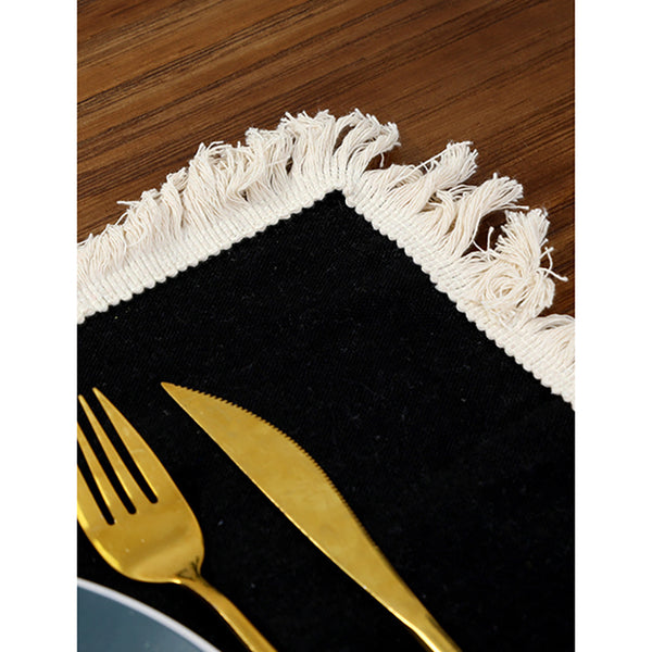 Elosung Black Cotton Linen Fringe Set Dining Table Decor 30X30cm Placemats