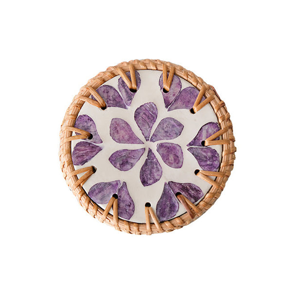 Set Of 5 Rattan & Shell Decorative Heat Resistant Purple Heart Pattern Coasters