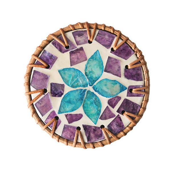 Set Of 5 Rattan & Shell Decorative Heat Resistant Purple Blue Flower Coasters